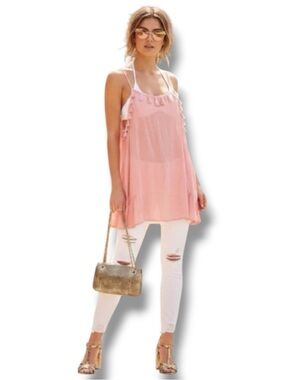 Paradise Pastel Pink Boho Tassel Tank Top Size M EUC 🍭